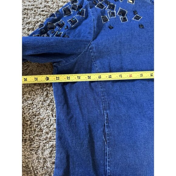 BOB MACKIE Blue Denim Full Zip Jacket Top Beaded Rhinestone Artsy Pockets LARGE - Picture 5 of 11
